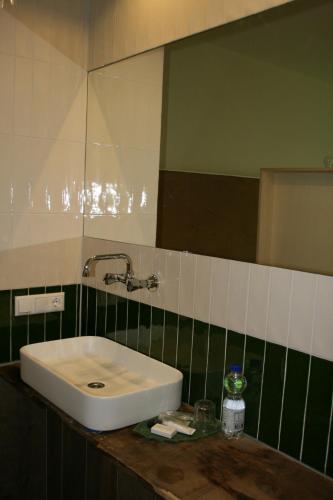 a bathroom with a white sink and a mirror at Hotel Noudus in Delfstrahuizen
