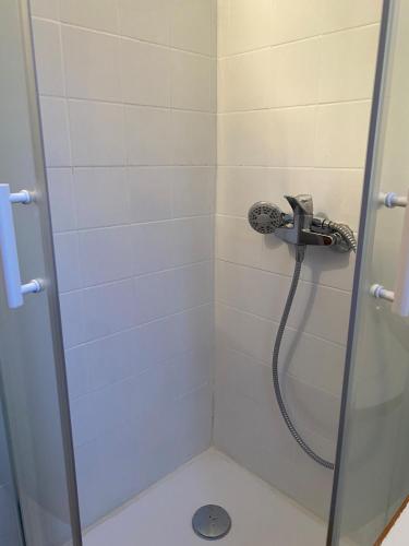 une douche avec pommeau de douche dans une salle de bain dans l'établissement Chalet cosy à la montagne, à Ancelle