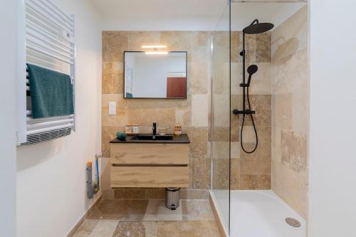 une salle de bain avec un lavabo et une douche avec un miroir dans l'établissement le cocon du peyrou, à Montpellier