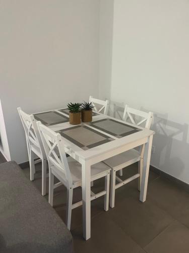 une table et des chaises blanches avec des plantes dans l'établissement Appartement Moderne au cœur de Montpellier, à Montpellier
