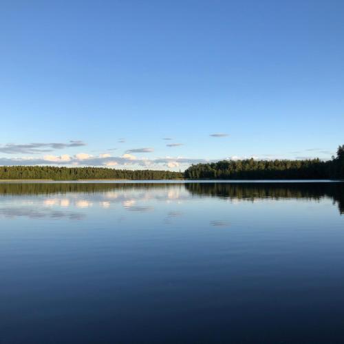 a large body of water with trees in the background at Smålandstorpets lanthotell in Hok