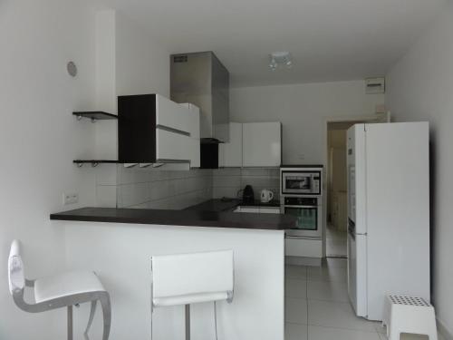 Il comprend une cuisine équipée d'appareils électroménagers blancs et d'un réfrigérateur blanc. dans l'établissement Villa HomeMalo, à Saint-Malo