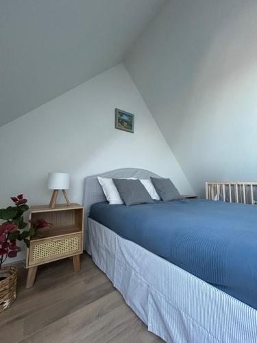 a bedroom with a bed with blue sheets and a lamp at Ievara apartamentai in Palanga