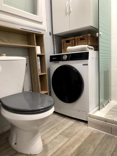 La salle de bains est pourvue de toilettes et d'un lave-linge. dans l'établissement Grand Studio avec Balcon au pied de la Plage Clim Wifi, à Saint Cyprien Plage