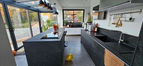 une cuisine avec un comptoir noir et un évier dans l'établissement La Sanoubote en Provence, à Tourves