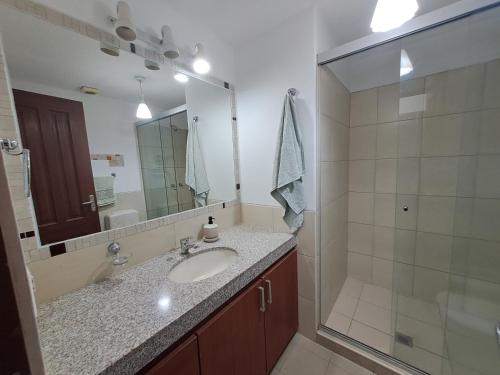 a bathroom with a sink and a shower at Precioso Depa 3 dormitorios en La Casona in Santa Cruz de la Sierra