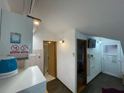 a kitchen with a white counter and a bathroom at Villa Korčula in Vela Luka