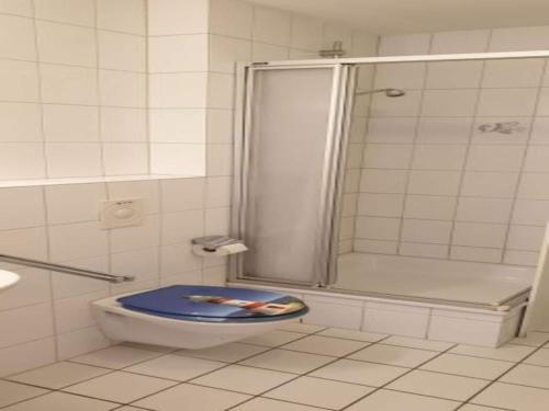 a bathroom with a shower and a toilet with a blue seat at Ferienanlage Orther Reede, Fehmarn-Orth in Orth