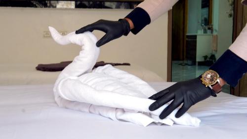 a person in gloves making a towel animal on a bed at Hébergement lux dakhla in Dakhla