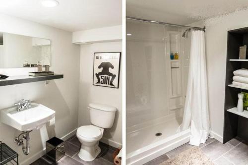 a bathroom with a sink and a toilet and a shower at L'Adresse Botanique - Studio in Montréal