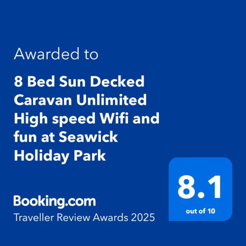 a blue invitation to a caravan unlimited high speed wifi and fun at seawolf at 8 Bed Sun Decked Caravan Unlimited High speed Wifi and fun at Seawick Holiday Park in Clacton-on-Sea