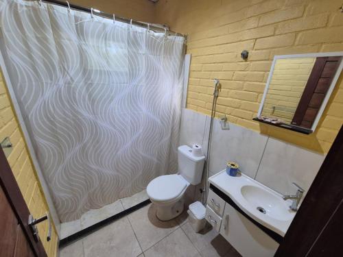 a bathroom with a shower and a toilet and a sink at Flat na área central de Valadares Com AR garagem wifi cozinha completa para grupos ou casais in Governador Valadares