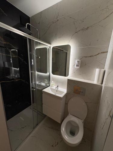 a bathroom with a toilet and a sink and a shower at Apartament Airport Gdańsk in Gdańsk