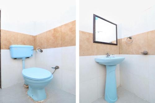 two pictures of a bathroom with a toilet and a sink at Hotel O Heaven in Ambāla