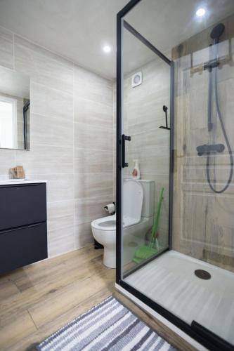 La salle de bains est pourvue de toilettes et d'une porte de douche en verre. dans l'établissement Joli appartement à Montmagny, à Montmagny