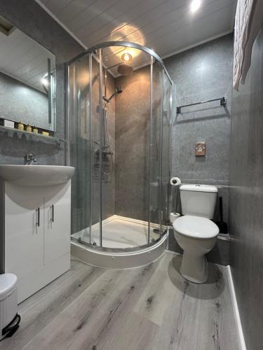 a bathroom with a shower and a toilet and a sink at Lansdowne House with Private Car Park in Llandudno