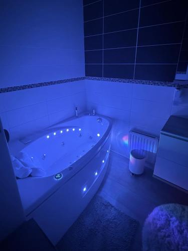 - une salle de bains bleue pourvue d'une baignoire blanche dans l'établissement Pied-à-terre de rêve à Marseille - Confort & Style & moderne & équipé & cosy, à Marseille