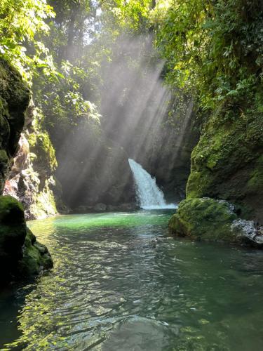 a waterfall in front of a river in a forest at Pozas y Cascadas La Presa in Río Cuarto
