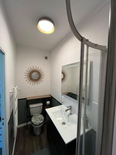 une salle de bain avec un lavabo, des toilettes et un miroir dans l'établissement Au relais de la gare, à Quimper