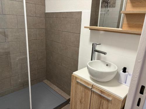 une salle de bain avec un lavabo et une douche dans l'établissement Centre Golfe Juan Plage et transports à pied, 5 min Cannes, à Vallauris