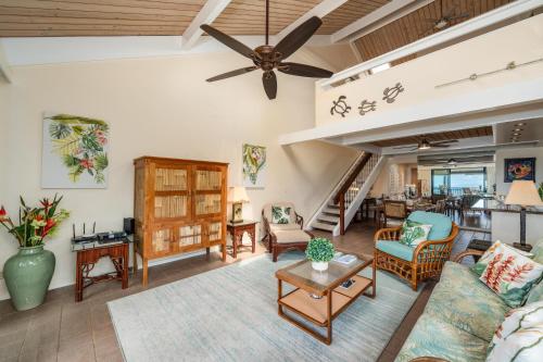 a living room with a ceiling fan and furniture at Kahana Village 2 · KHV 2 Direct Oceanfront 2BD Condo Steps to Be in Kahana