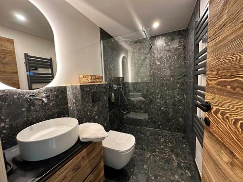 une salle de bain avec un lavabo, des toilettes et une douche dans l'établissement Chalet Le 1853, à Chamonix-Mont-Blanc