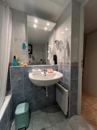 une salle de bain avec un lavabo et un miroir dans l'établissement Horizon Sea view from Balcony - close to Casino Monte Carlo Monaco - Parking available upon request-availabilities, à Beausoleil