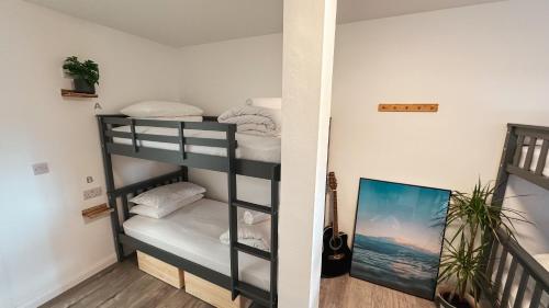 キャッスルロックにあるRailway Sleeper Hostelの二段ベッド1組(白い枕付)が備わる客室です。