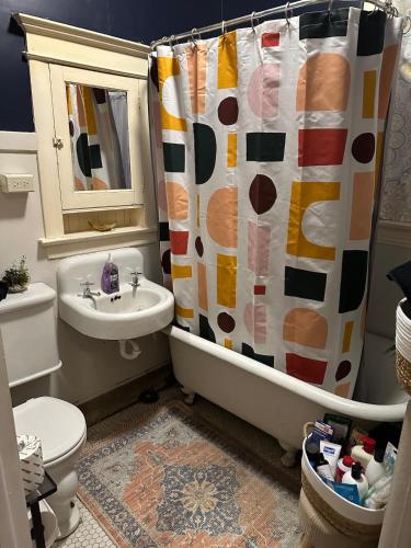 a bathroom with a shower curtain and a toilet and a sink at Friendly Abbey Road Retreat in Berwyn