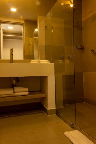 a bathroom with a shower and a sink and a mirror at VVC Hotel's in Villavicencio