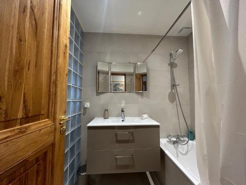 une salle de bain avec un lavabo, un miroir et une douche dans l'établissement Charming fully renovated flat in old-town, à Ferney-Voltaire