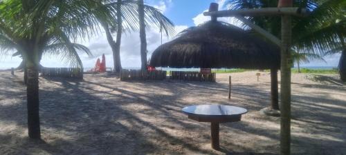 a beach with a straw hut and palm trees at APARTAMENTO x 4 pessoas no VILLAGE DAIANE TAQUARY Guaibim Valença Bahia in Valença