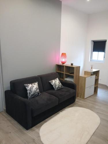 - un salon avec un canapé noir et un bureau dans l'établissement Appartement plein pied, à Dijon