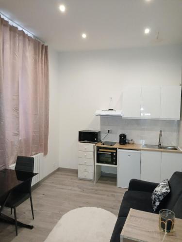 un salon avec un canapé et une cuisine dans l'établissement Appartement plein pied, à Dijon