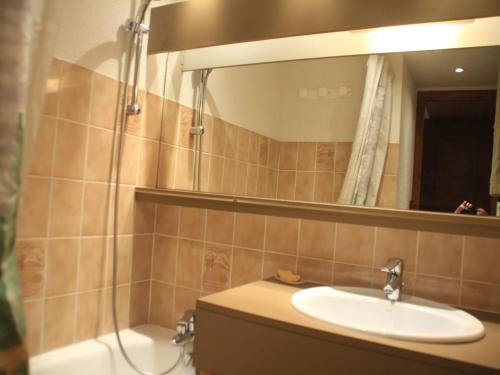 une salle de bain avec un lavabo et un miroir dans l'établissement Studio in France near Barbossine Chairlift, à Châtel