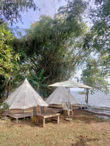 two tents and a picnic table on a beach at Meeto Camping Hồ Trị An in Ấp Vĩnh An Số