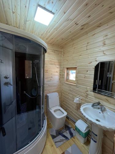 a wooden bathroom with a toilet and a sink at WooD_House_Issyk-Kul in Bosteri