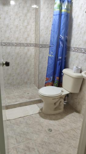 a bathroom with a toilet and a shower at Hotel Los Colores GUATAPE in Guatapé
