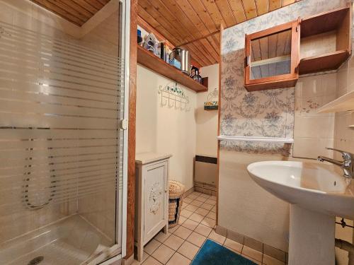 une salle de bain avec douche et lavabo dans l'établissement Maisonnette proche plage et commerces, animaux admis, parking privé - FR-1-476-33, à La Faute-sur-Mer