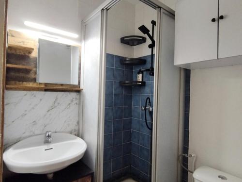 une salle de bain avec un lavabo et une douche dans l'établissement Confortable T2 avec parking privatif et loggia - 4 personnes - FR-1-795-24, à Fleury