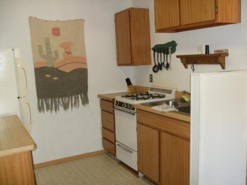 a kitchen with a stove and a refrigerator at Sierra Bonita Cabins and RV Park in Guadalupita