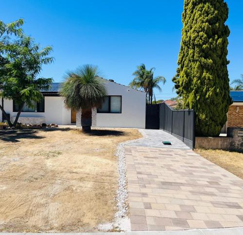a house with a palm tree in the driveway at Joondalup Hidden Villa Gemma W Pool! in Perth