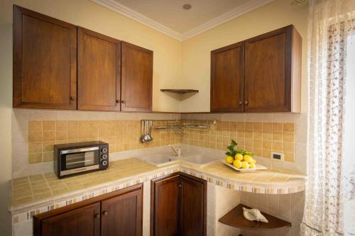 a kitchen with wooden cabinets and a sink and a microwave at Sunshine Apartments in Trappeto