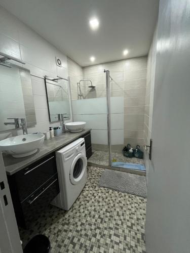 une salle de bain avec un lavabo et une machine à laver dans l'établissement Lovely Emile Zola apartment, à Laxou