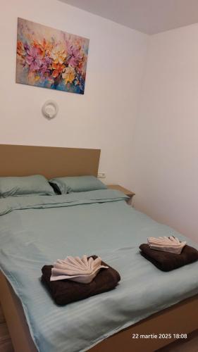 a bed with two towels sitting on top of it at Targu Jiu Central Apartment - Free Parking & Self Check-In in Târgu Jiu