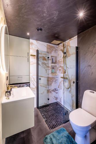 a bathroom with a shower and a toilet and a sink at Hubane suvemaja Võhandu jõe lähistel in Võru
