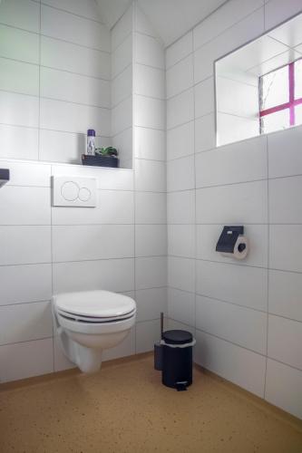 a white bathroom with a toilet and a window at BnB Alde Hiemen Friesland in Terwispel
