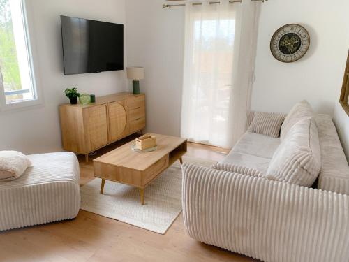a living room with two couches and a tv at La Terrasse Enchantée, Romance, Cosy et Jacuzzi in Belin-Beliet