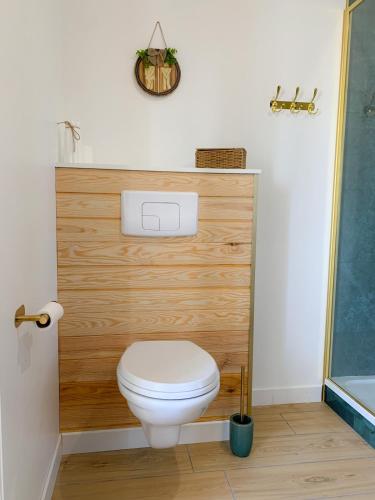 a bathroom with a toilet with a wooden wall at La Terrasse Enchantée, Romance, Cosy et Jacuzzi in Belin-Beliet