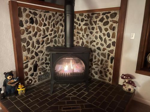 a fireplace with a stove in a room at Western Cabin in Corvallis